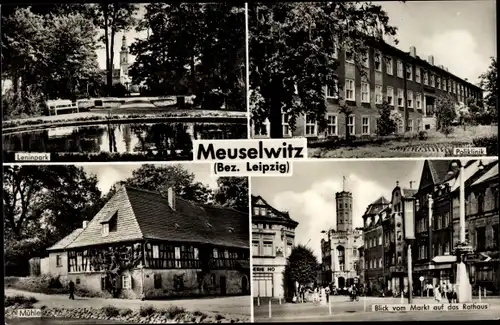 Ak Meuselwitz in Thüringen, Poliklinik, Mühle, Blick vom Markt auf das Rathaus, Leninpark