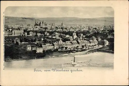 Ak Trier an der Mosel, Panorama, vom Weisshaus gesehen, Schiff, Fluss
