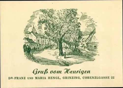 Ak Wien 19 Döbling Grinzing, Gruß vom Heurigen, Dr. Franz und Maria Hengl, Cobenzlgasse 22, Baum