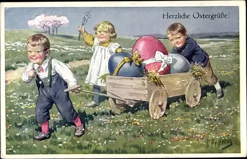 Künstler Ak Feiertag, Karl, Ostergrüße, Kinder mit Ostereier im Karren, BKWI 4679