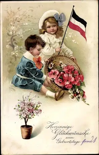 Ak Glückwunsch Geburtstag, Kinder, Blumen, Kaiserliche Fahne