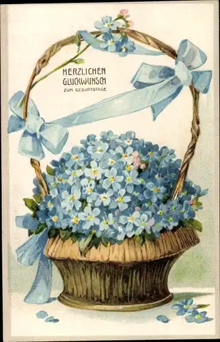 Präge Ak Glückwunsch Geburtstag, Blumenkorb, Vergissmeinnicht