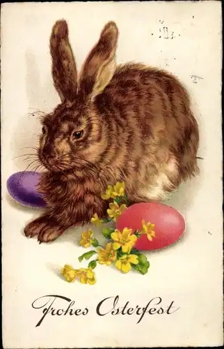 Ak Glückwunsch Ostern, Osterhase, Ostereier, Blumen