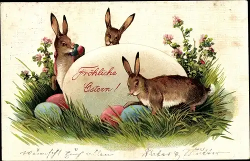 Präge Ak Glückwunsch Ostern, Osterhasen mit Ostereiern