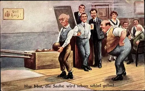 Künstler Ak Hoffmann, Ad., Nur Mut, die Sache wird schon schief gehen, Bowling