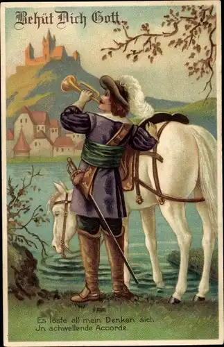 Präge Ak Trompeter von Säckingen, Pferd, Fluss, Behüt Dich Gott