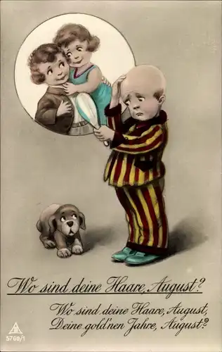 Ak Wo sin deine Haare, August?, Junge betrachtet sich im Spiegel, Hund