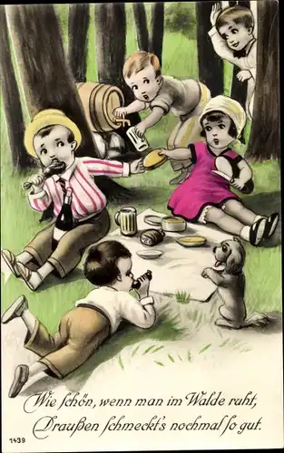 Ak Kinder machen im Wald Picknick, Hund, Essen, Bier, Wie schön, wenn man im Walde ruht...