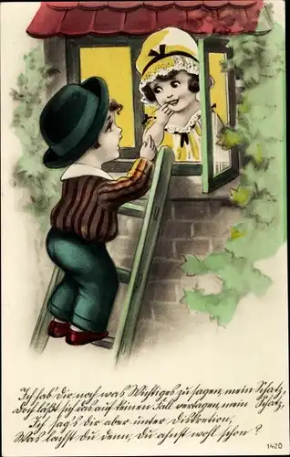 Ak Mädchen am Fenster und ihr Freund, Leiter, Liebespaar