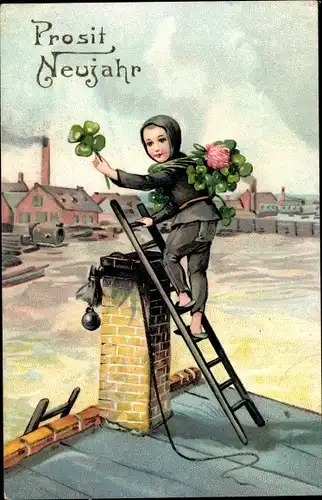 Ak Glückwunsch Neujahr, Schornsteinfeger, Glücksklee, Kamin, Leiter