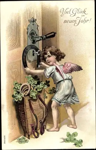 Ak Glückwunsch Neujahr, Engel an der Tür, Hufeisen, Glücksklee