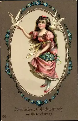 Ak Glückwunsch Geburtstag, Mädchen mit Tauben, Vergissmeinnicht
