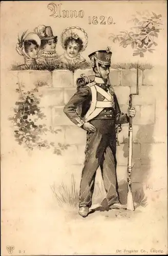 Ak Mädchen beobachten einen Soldaten, 1820