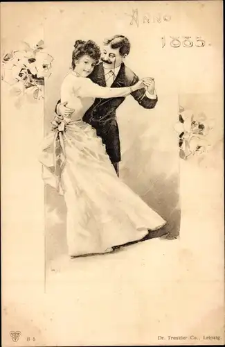Ak Tanzendes Liebespaar, Blumen, Kleid, 1885