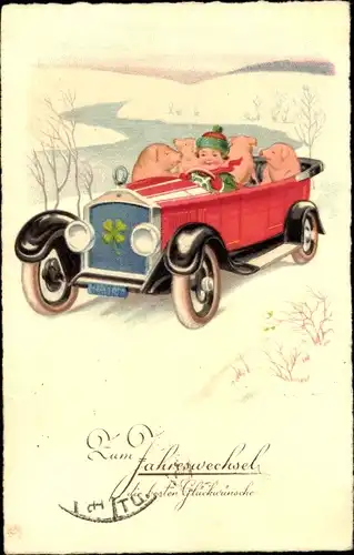 Ak Glückwunsch Neujahr, Junge und Schweine im Auto, Glücksklee