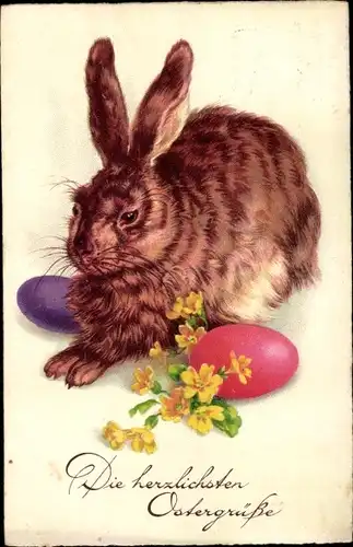 Ak Glückwunsch Ostern, Osterhase, Ostereier, Blumen