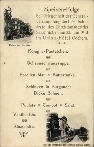 Ak Cochem an der Mosel, Union Hotel, Speisenfolge, Generalversammlung der Eisenbahnärzte 1913