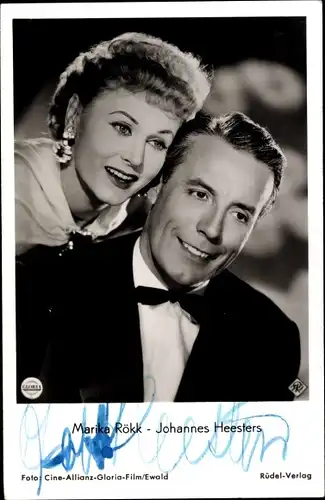 Ak Schauspieler Marika Rökk und Johannes Heesters, Die geschiedene Frau, Portrait, Autogramm