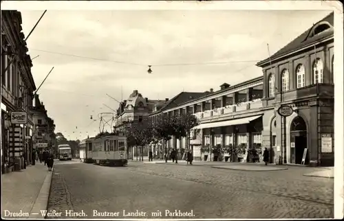 Ak Dresden Weißer Hirsch, Bautzner Landstraße mit Parkhotel, Straßenbahn