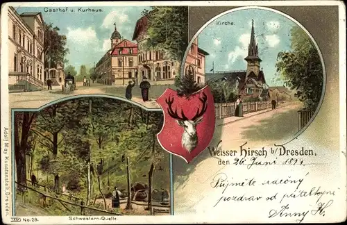 Litho Dresden Weißer Hirsch, Schwestrn-Quelle, Gasthof, Kurhaus, Kirche