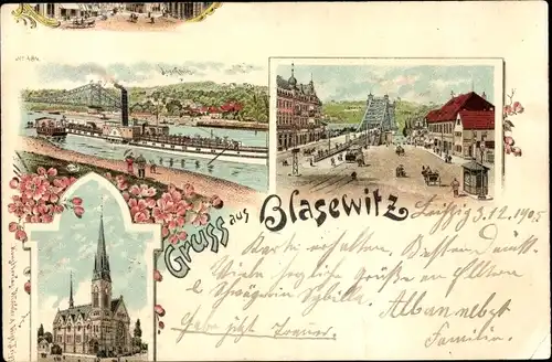 Litho Dresden Blasewitz, Kirche, Dampfer, Straßenpartie