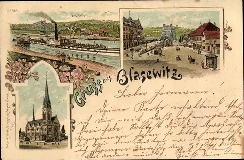 Litho Dresden Ost Blasewitz, Kirche, Dampfer bei Loschwitz, Brückenpartie