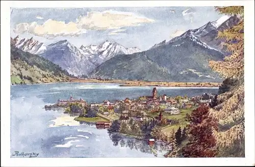 Künstler Ak Podhorsky, Zell am See in Salzburg, Blick v. d. Dr. Müller Promenade