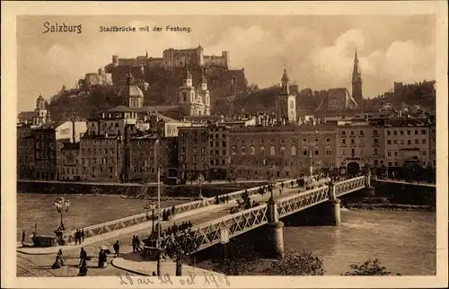 Ak Salzburg in Österreich, Stadtbrücke mit der Festung