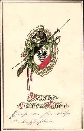 Präge Wappen Ak Deutsch bis ins Mark, Schutzschild, Pickelhaube