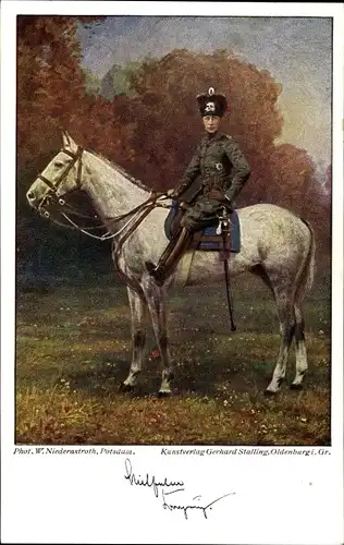 Künstler Ak Kronprinz Wilhelm von Preussen als Totenkopfhusar, Pferd