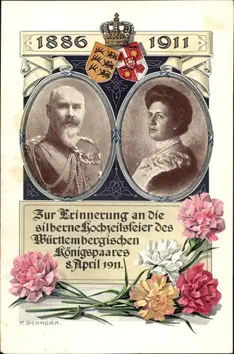 Ak König Wilhelm II. von Württemberg, Marie zu Waldeck und Pyrmont, Silberhochzeit 1911, Wappen