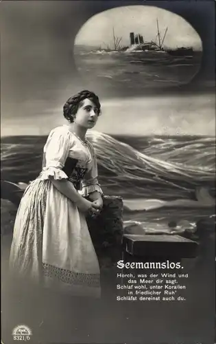 Ak Seemannslos, Horch, was der Wind und das Meer dir sagt, Frau in Tracht, Schiff