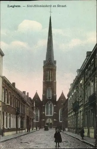 Ak Izegem Iseghem Westflandern, Sint Hiloniuskerk en Straat