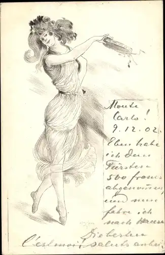 Künstler Ak Tanzende Frau mit Tamburin