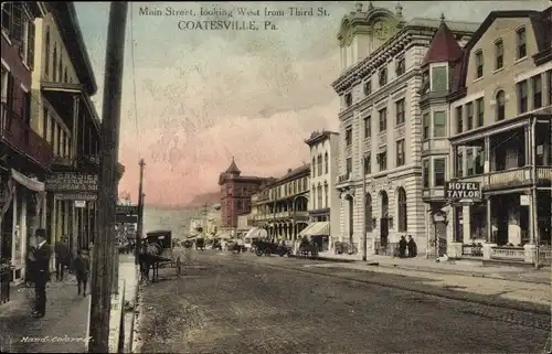 Ak Coatesville Pennsylvania USA, Main Street, looking West from Third Stree, Hotel Taylor