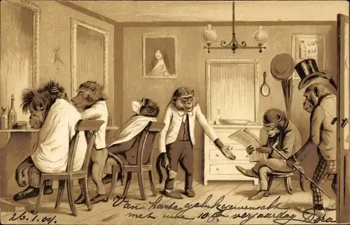 Präge Litho Vermenschlichte Affen beim Friseur, Barbier, Schimpansen