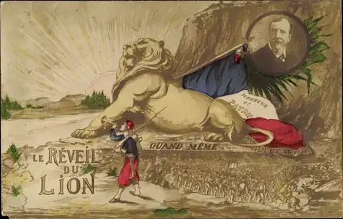 Ak Le Reveil du Lion, Quand Meme, Löwe, Portrait eines Mannes, Propaganda Frankreich