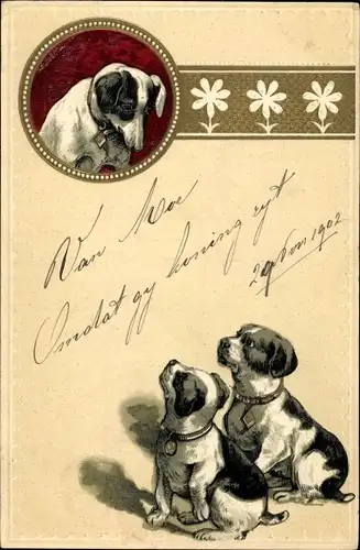 Präge Litho Hund schaut auf zwei Welpen herab