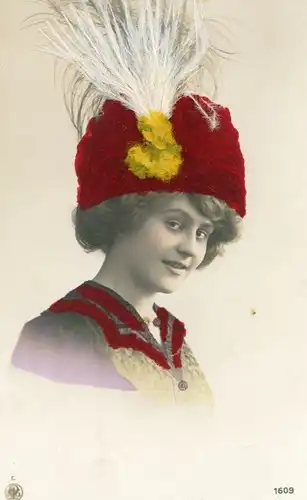 Stoff Ak Portrait einer Frau mit Hut, Federn