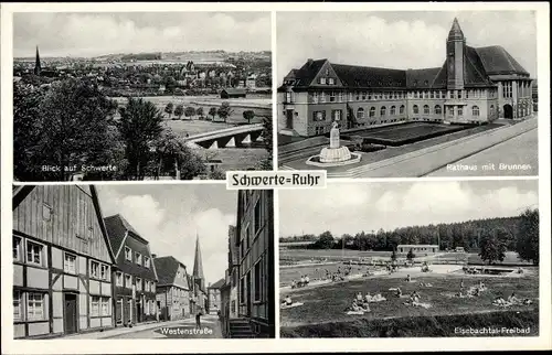 Ak Schwerte an der Ruhr, Totale, Rathaus, Brunnen, Elsebachtal Freibad, Westenstraße