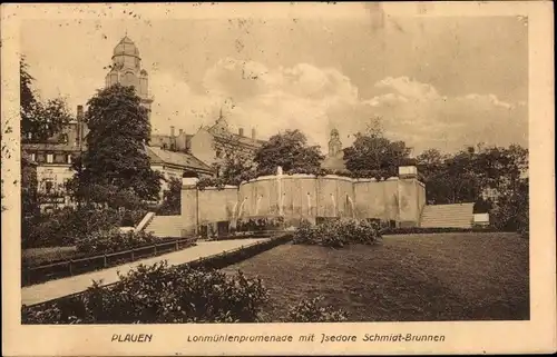 Ak Plauen im Vogtland, Lohmühlenpromenade, Isedore Schmidt-Brunnen