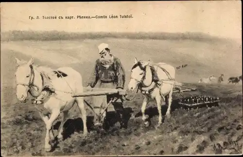 Künstler Ak russland, Schriftsteller Lew Nikolajewitsch Tolstoi, Pferdepflug, Landwirtschaft