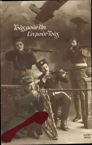 Ak Tous pour Un, Un pour Tous, französischer Soldat, Belgier, Russe, Doppeldecker