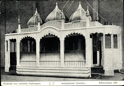 Ak Scheveningen Den Haag Südholland, Moorsche Tempel, Wedstrijd vor versierde Tramwagens