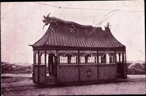 Ak Scheveningen Den Haag Südholland, De Chineesche Tempel, geschmückte Straßenbahn