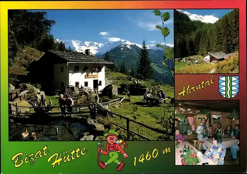 Ak Sankt Johann im Ahrntal San Giovanni Valle Aurina Südtirol, Bizat Hütte, Wappen, Akkordeonspieler