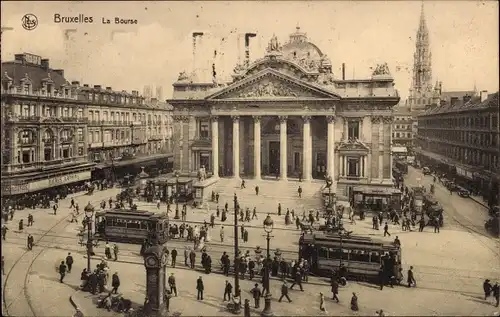 Ak Brüssel Belgien, vue générale de la Bourse, Straßenbahn