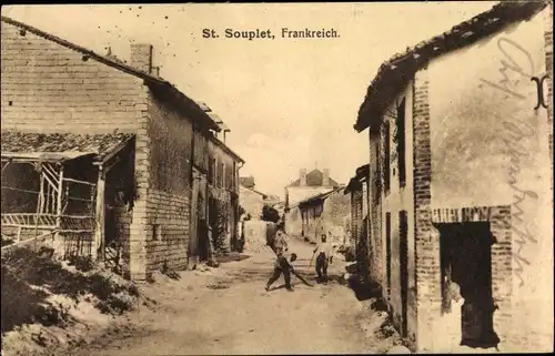 Ak St Souplet Marne, Straßenansicht, Häuserruinen
