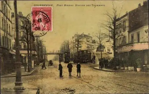 Ak Courbevoie Hauts de Seine, Pont Bineau, Station des Tramways