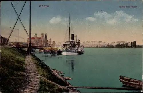 Ak Worms am Rhein, Partie am Rhein, Schiff